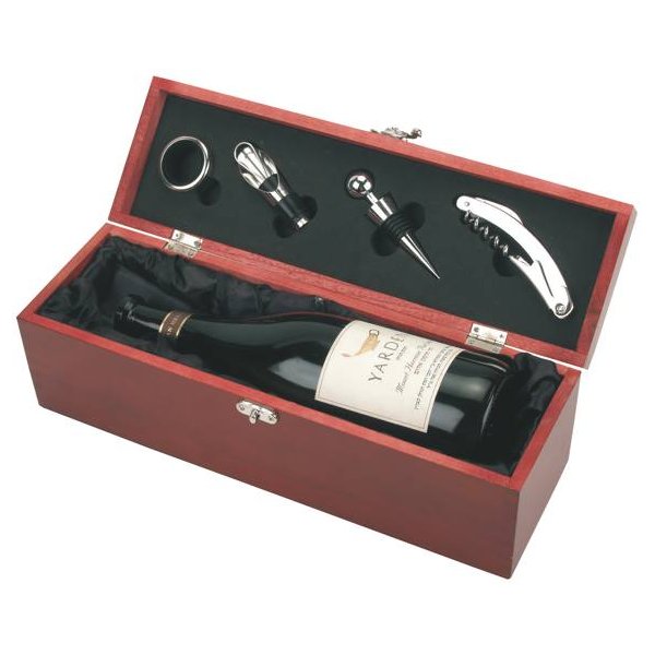 קופסת עץ יוקרתית לבקבוק יין עם סט פותחנים ואביזרי יין